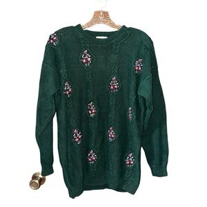 Vintage green hand embroidered cottage core knit sweater